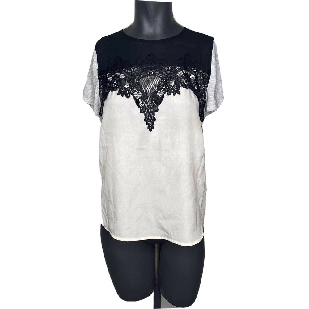 Apt 9 Cream Satin Lace Crew Neck Blouse Mixed Media Size S